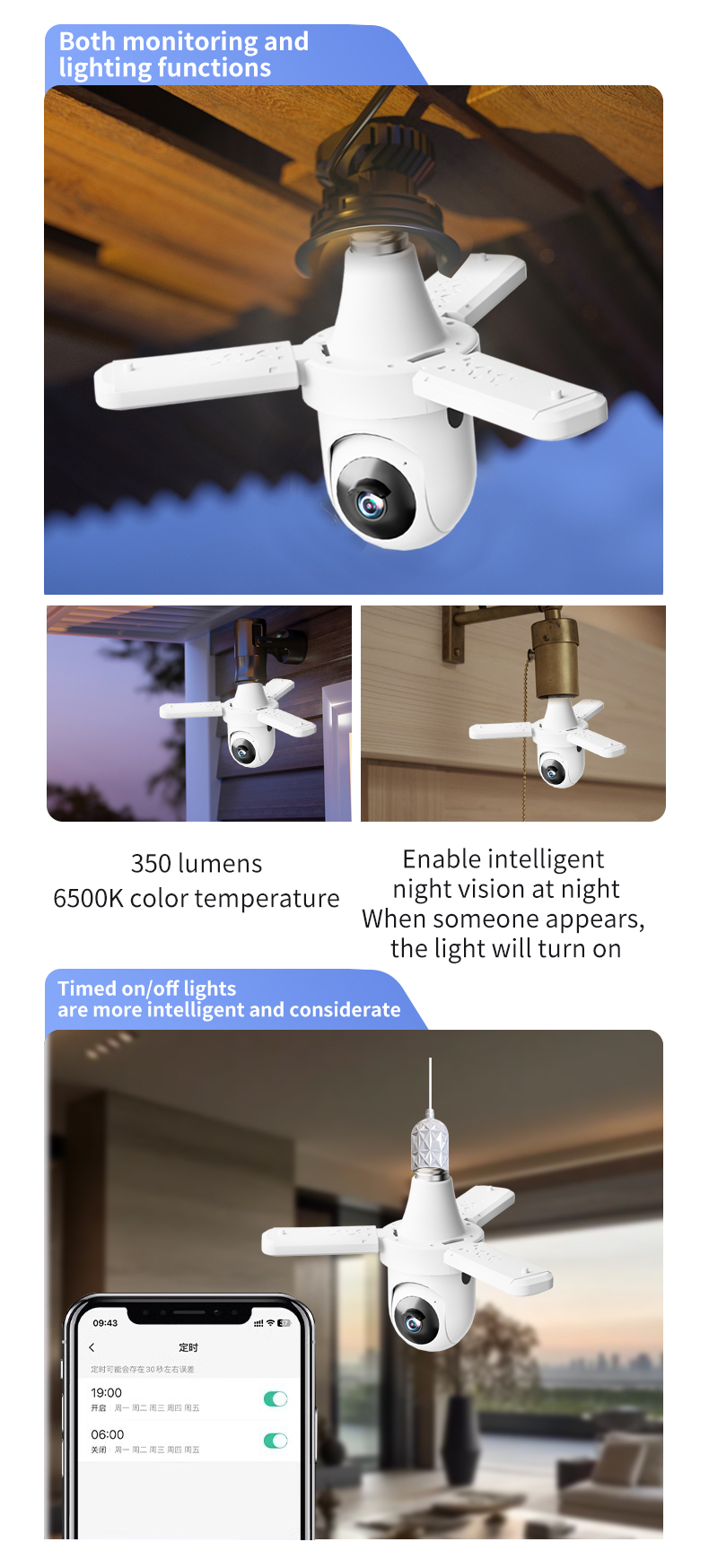 e27 bulb monitoring, wifi camera, 20-watt lighting lamp - dual-purpose lighting and monitoring.(图3)